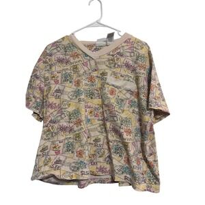 Basic Editions V-Neck Top Postage Stamp Floral Pastel Short Sleeve Large